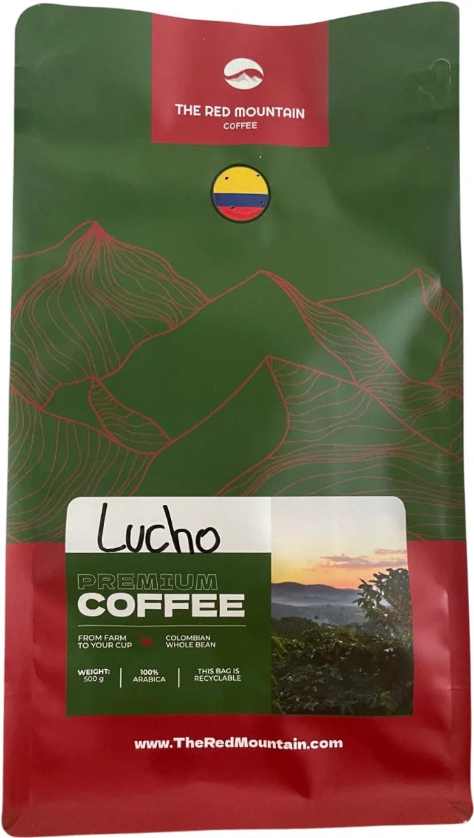 Green coffee bag with red accents featuring 'Lucho Premium Coffee' branding.