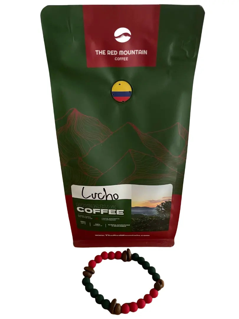 The Red Mountain Coffee' branding and a bracelet on a white background